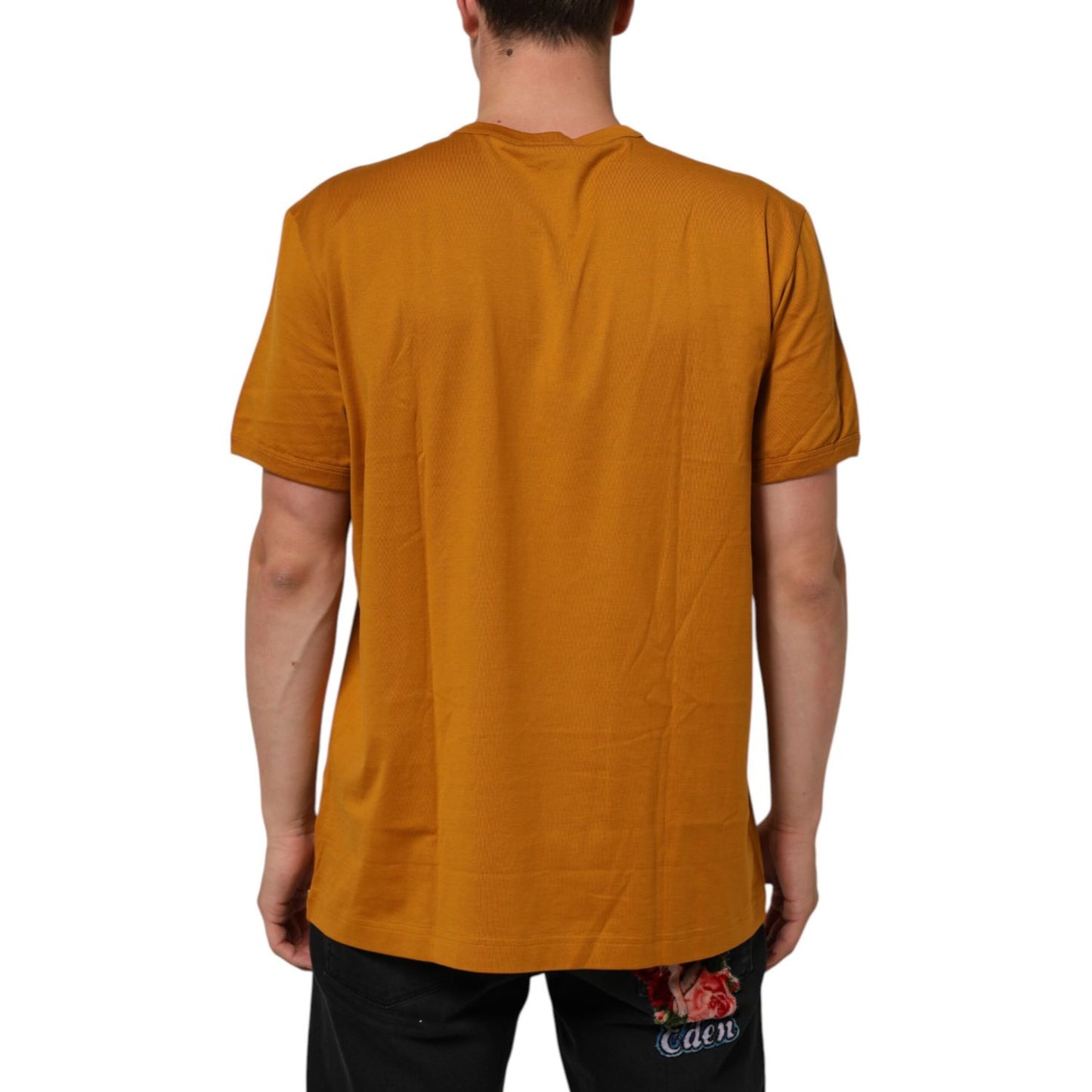 Back view of Dolce & Gabbana Golden Brown Crew Neck Short Sleeve T-shirt, showcasing regular fit and premium cotton material.