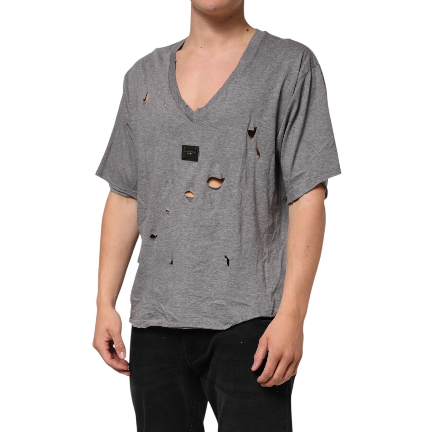 Dolce & Gabbana Gray Cotton Tattered Logo Patch Men T-shirt with distressed look and black chest patch.