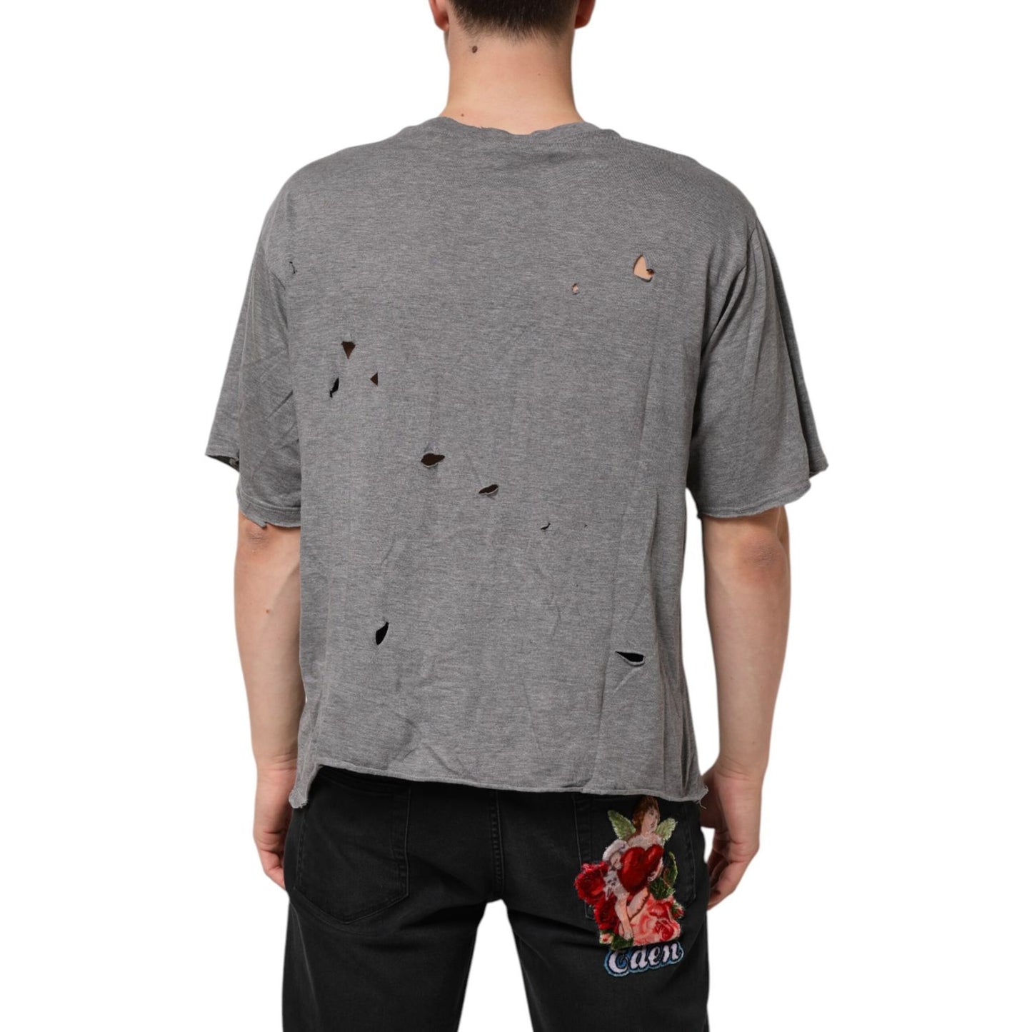 Back view of Dolce & Gabbana Gray Cotton Tattered Logo Patch Men T-shirt with distressed design and embroidered logo.