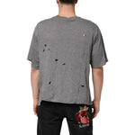 Back view of Dolce & Gabbana Gray Cotton Tattered Logo Patch Men T-shirt with distressed design and embroidered logo.