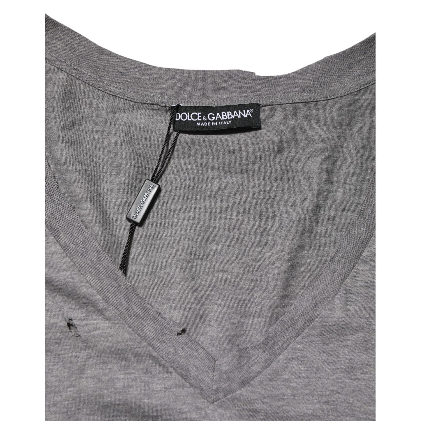 Dolce & Gabbana Gray Cotton Tattered Logo Patch Men T-shirt with deep V-neckline and distressed fabric detailing.