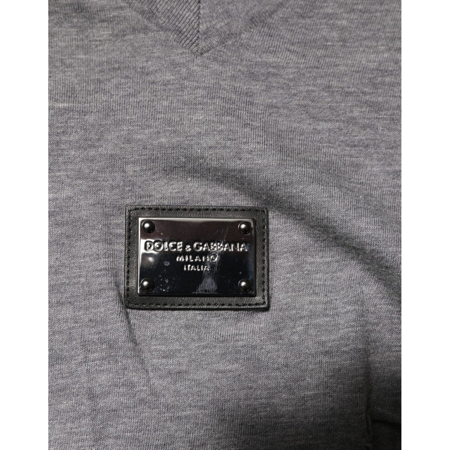 Dolce & Gabbana Gray Cotton Tattered Logo Patch Men T-shirt with black chest logo patch