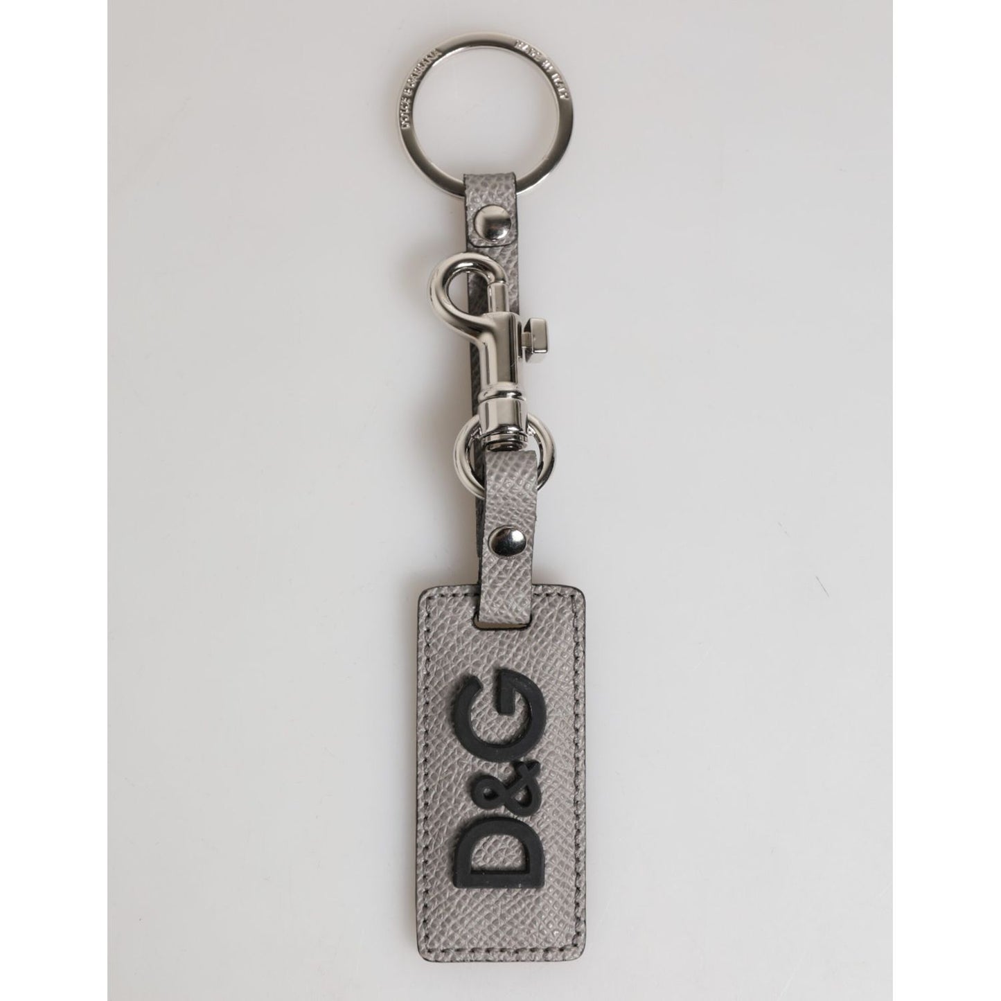 Dolce & Gabbana Gray Leather Logo Metal Ring Keychain Holder Men Keyring in luxury calf leather with silver detailing.