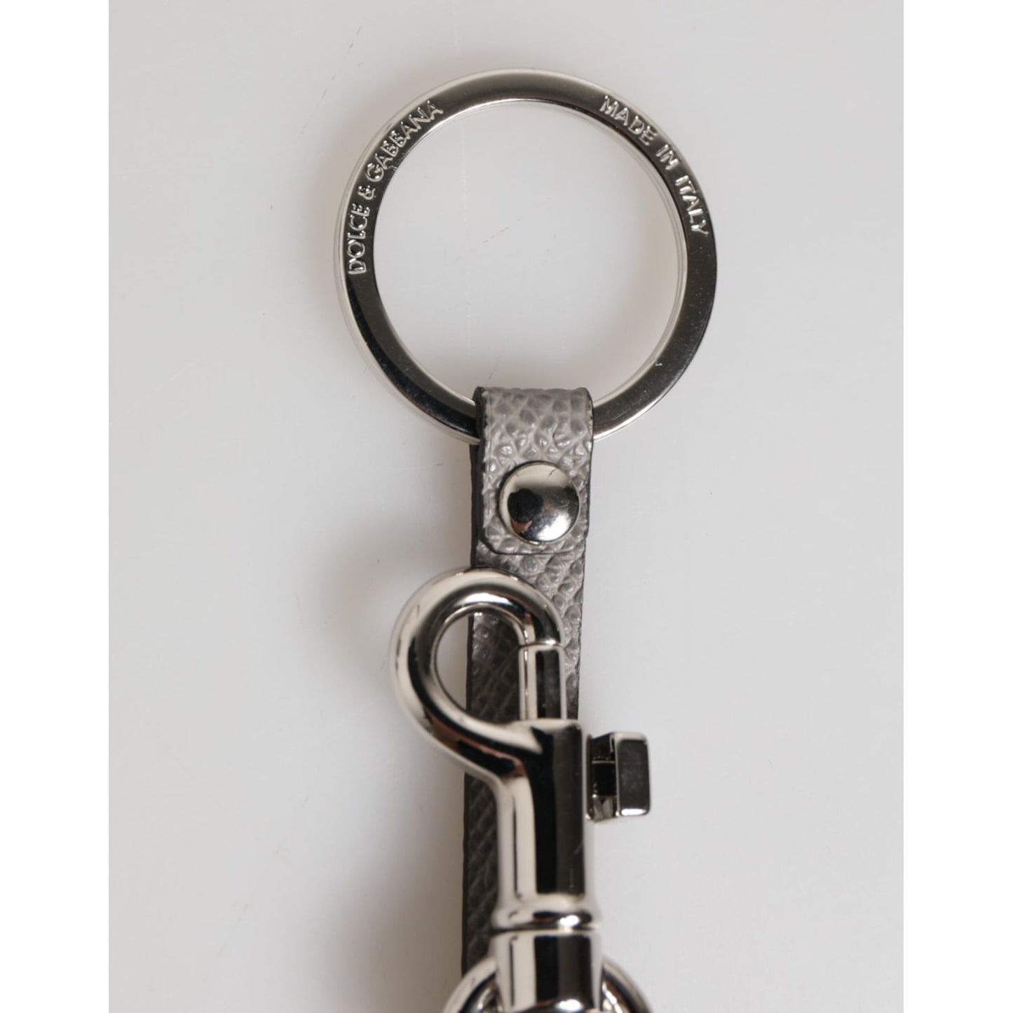 Dolce & Gabbana Gray Leather Logo Metal Ring Keychain Holder Men Keyring with silver detailing and logo engraving.
