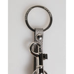 Dolce & Gabbana Gray Leather Logo Metal Ring Keychain Holder Men Keyring with silver detailing and logo engraving.