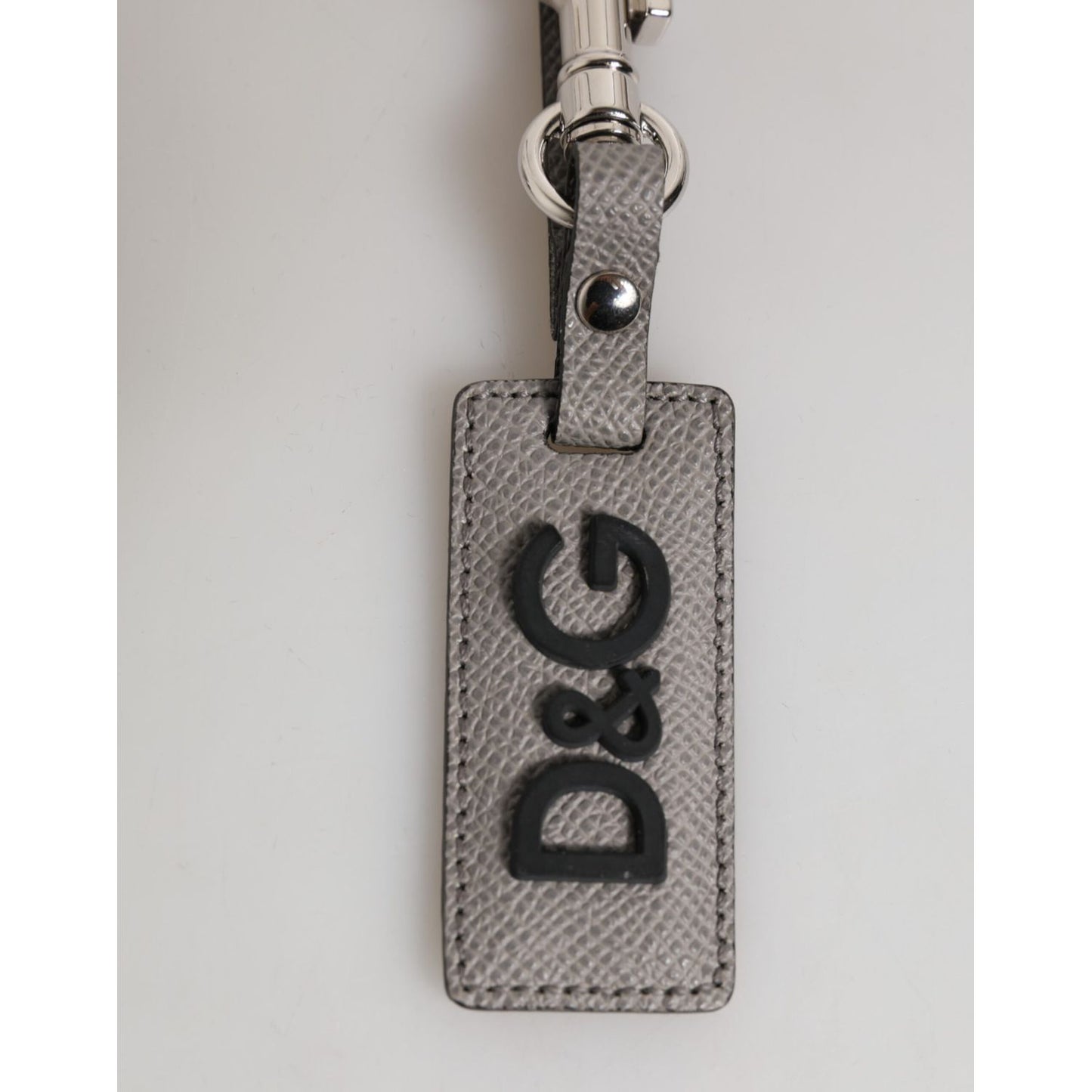 Dolce & Gabbana Gray Leather Logo Metal Ring Keychain Holder Men Keyring with embossed D&G logo and sleek metal details.
