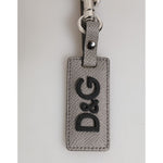 Dolce & Gabbana Gray Leather Logo Metal Ring Keychain Holder Men Keyring with embossed D&G logo and sleek metal details.