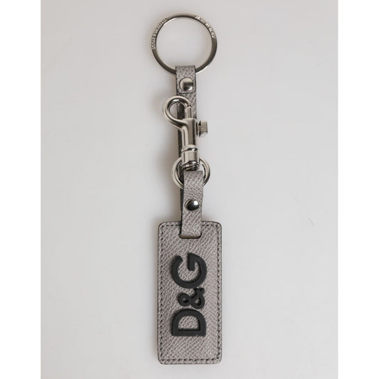 Dolce & Gabbana Gray Leather Logo Metal Ring Keychain Holder Men Keyring with D&G emblem on calf leather.