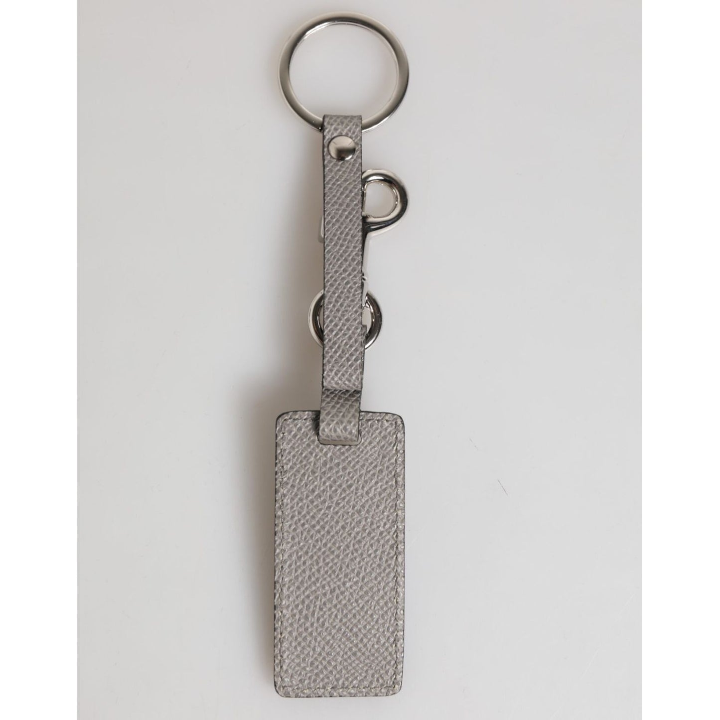 Dolce & Gabbana Gray Leather Logo Metal Ring Keychain Holder Men Keyring with embossed logo and silver metal details.