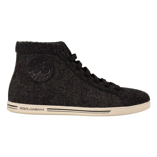 Dolce & Gabbana Gray Wool Cotton Casual High Top Sneakers with rubber sole and logo details, side view.