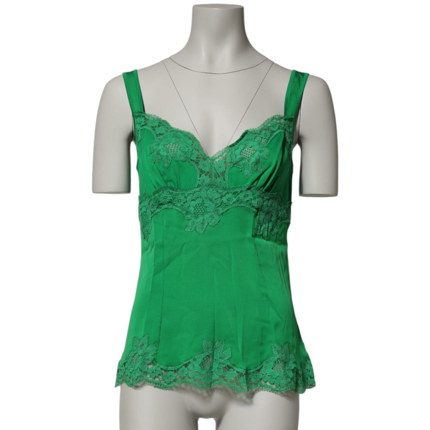 Dolce & Gabbana Green Floral Lace Tank Lingerie Top Underwear in silk with exquisite lace detailing.