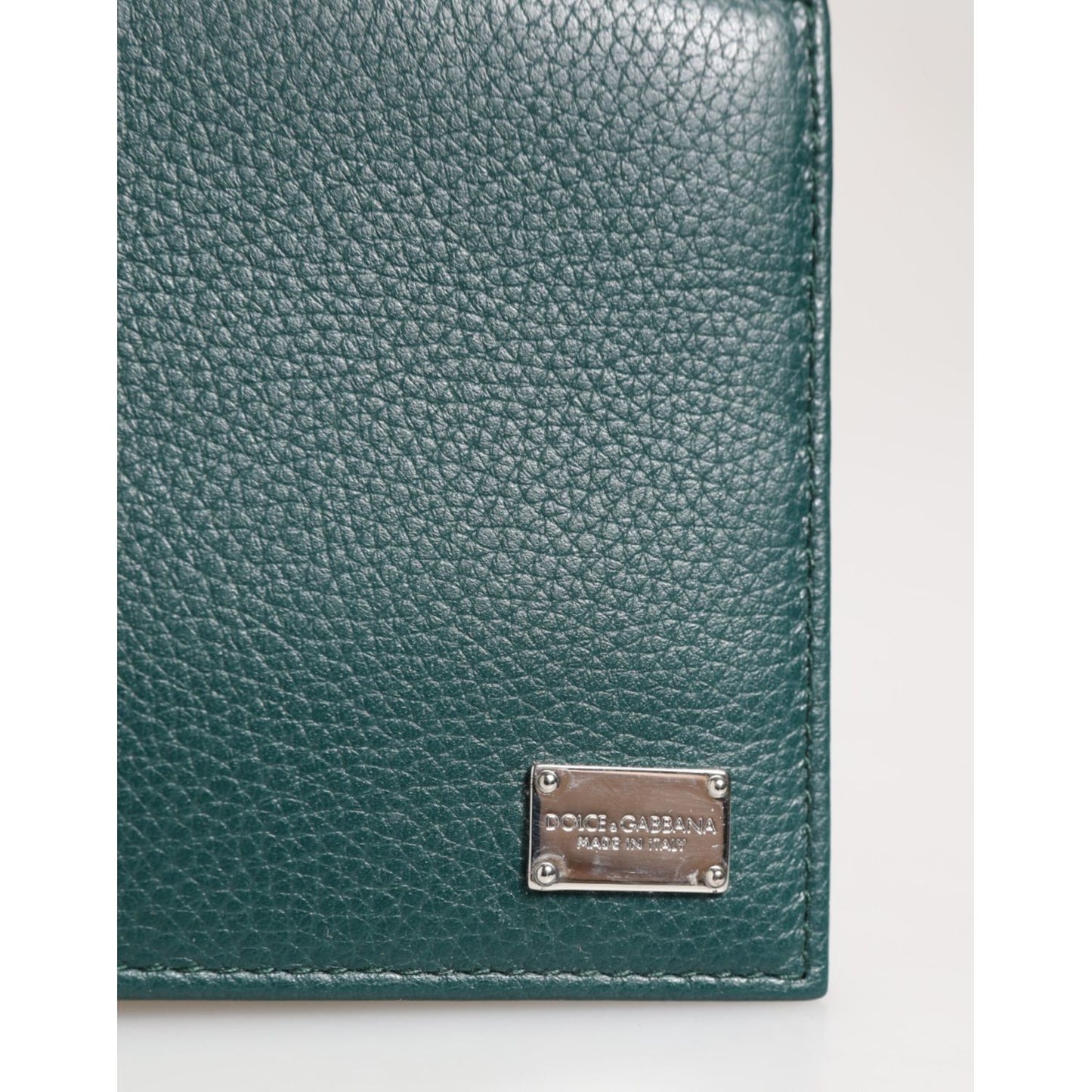 Dolce & Gabbana Green Leather DG Logo Engrave Bifold Card Holder Wallet with logo detail on front view.