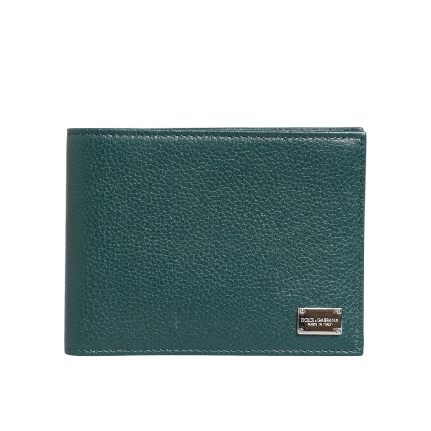 Dolce & Gabbana Green Leather DG Logo Plaque Bifold Card Holder Wallet in premium pebbled leather with metal logo plaque.