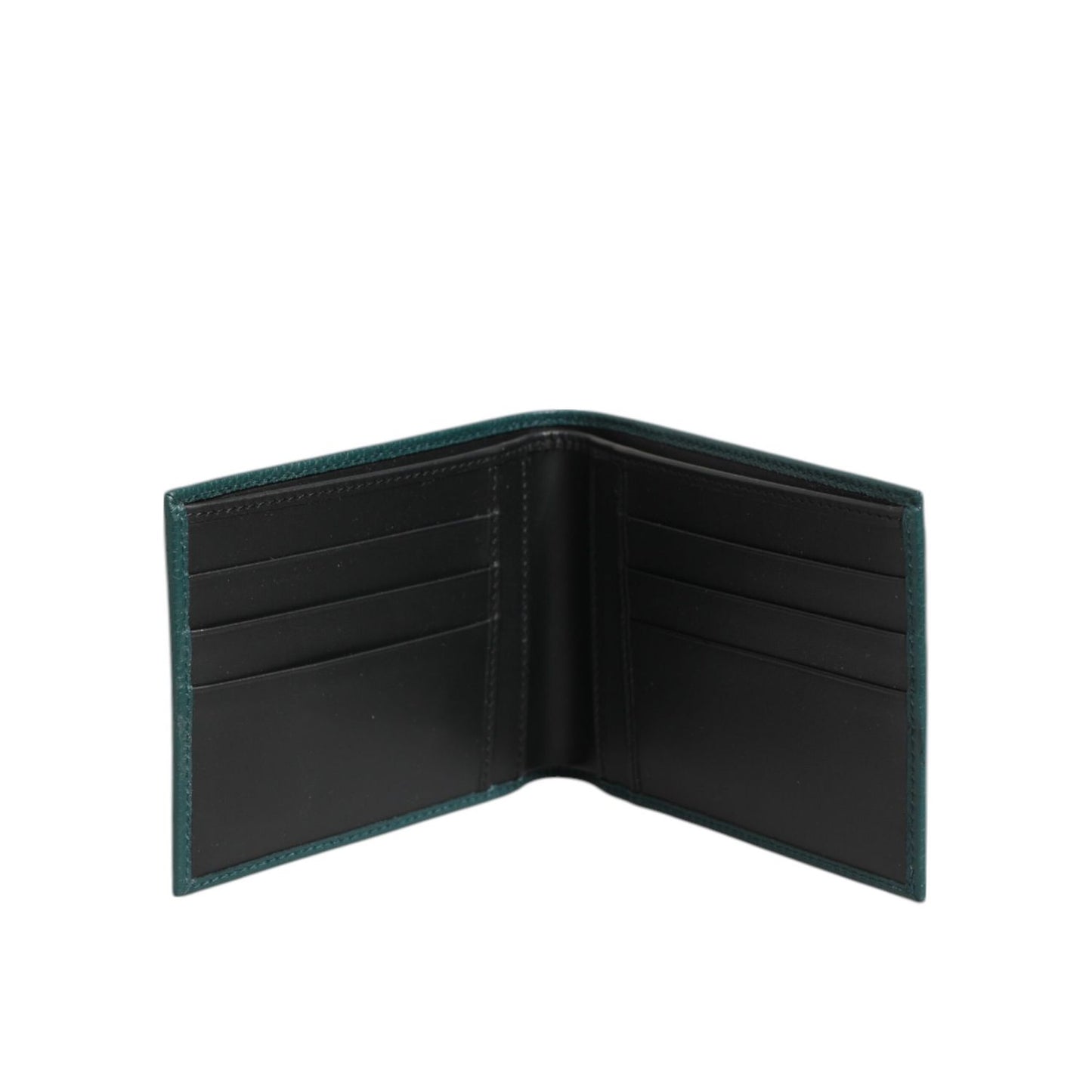 Dolce & Gabbana Green Leather DG Logo Plaque Bifold Card Holder Wallet with open view of card slots and premium leather finish.