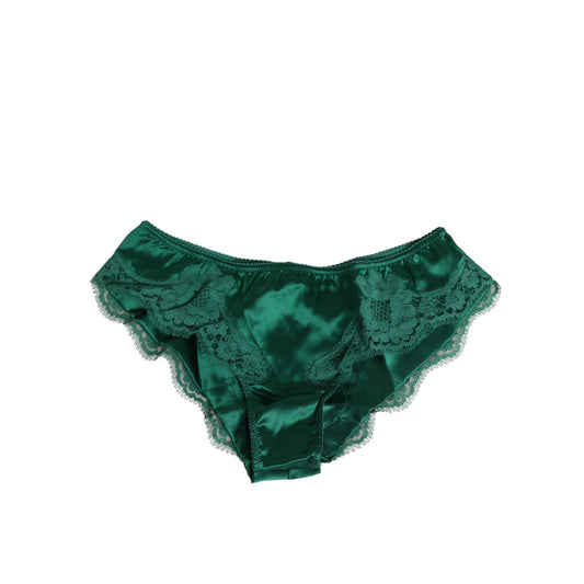 Dolce & Gabbana Green Satin Lace Briefs Women Underwear, elegant floral lace design, 94% silk, luxury Italian lingerie.