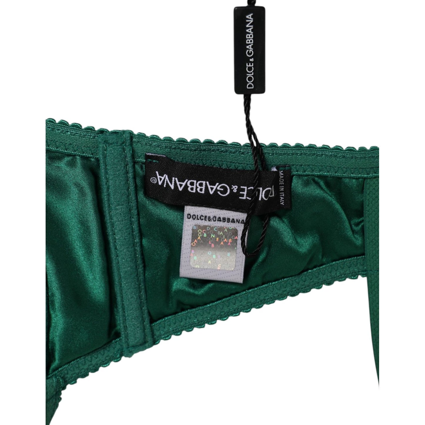 Dolce & Gabbana Green Satin Semi-Padded Underwire Musk Underwear tag detail in light musk green satin with logo label.