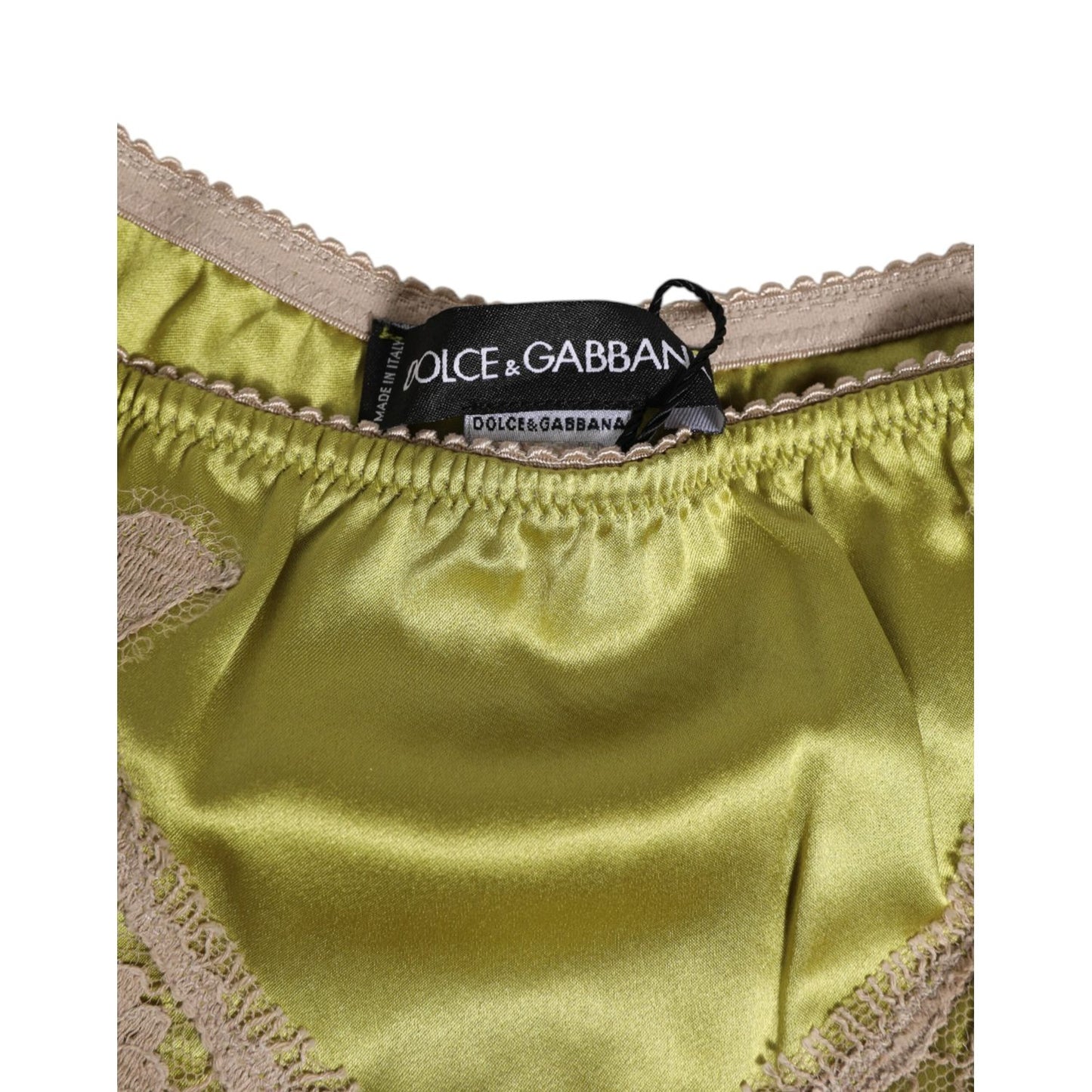 Dolce & Gabbana Green Silk Satin Lace Trim New Slip Underwear with beige lace detailing, featuring luxury label and elegant design.