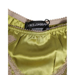Dolce & Gabbana Green Silk Satin Lace Trim New Slip Underwear with beige lace detailing, featuring luxury label and elegant design.
