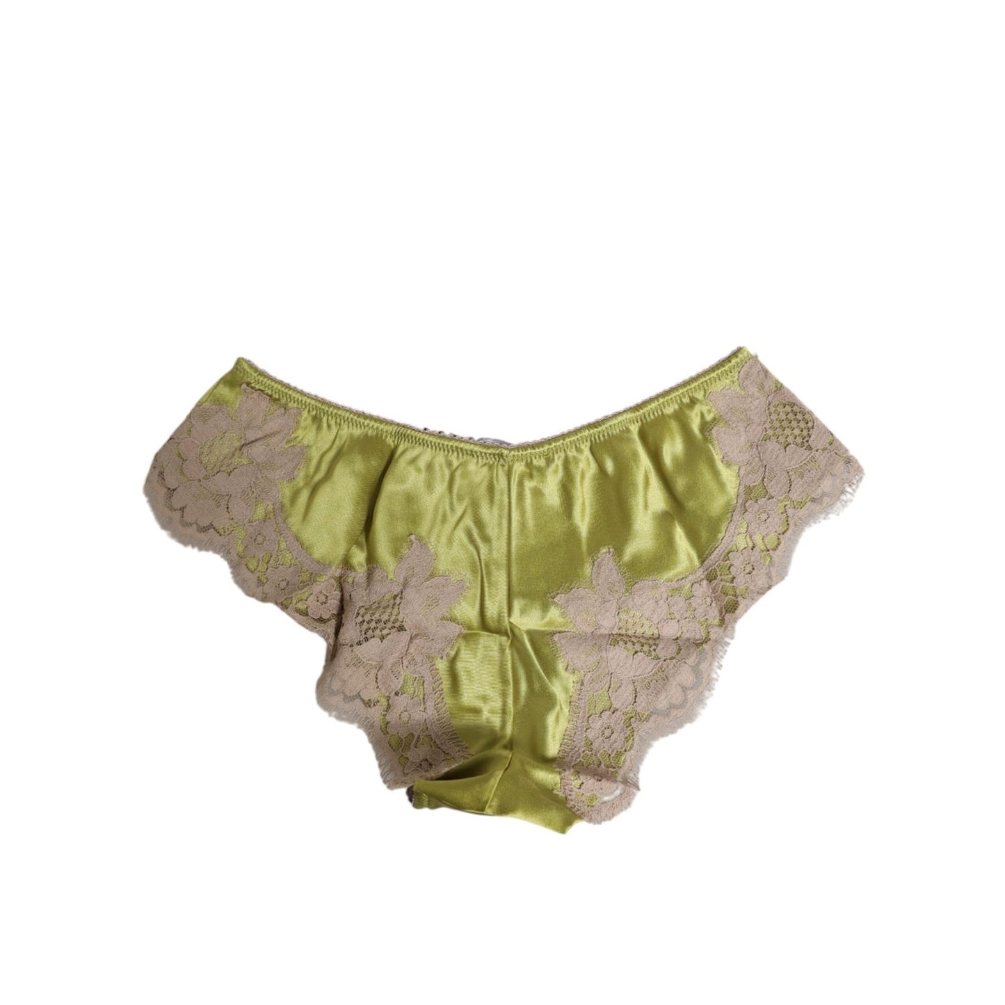 Dolce & Gabbana Green Silk Satin Lace Trim New Slip Underwear with beige lace floral overlays, luxurious satin lingerie.