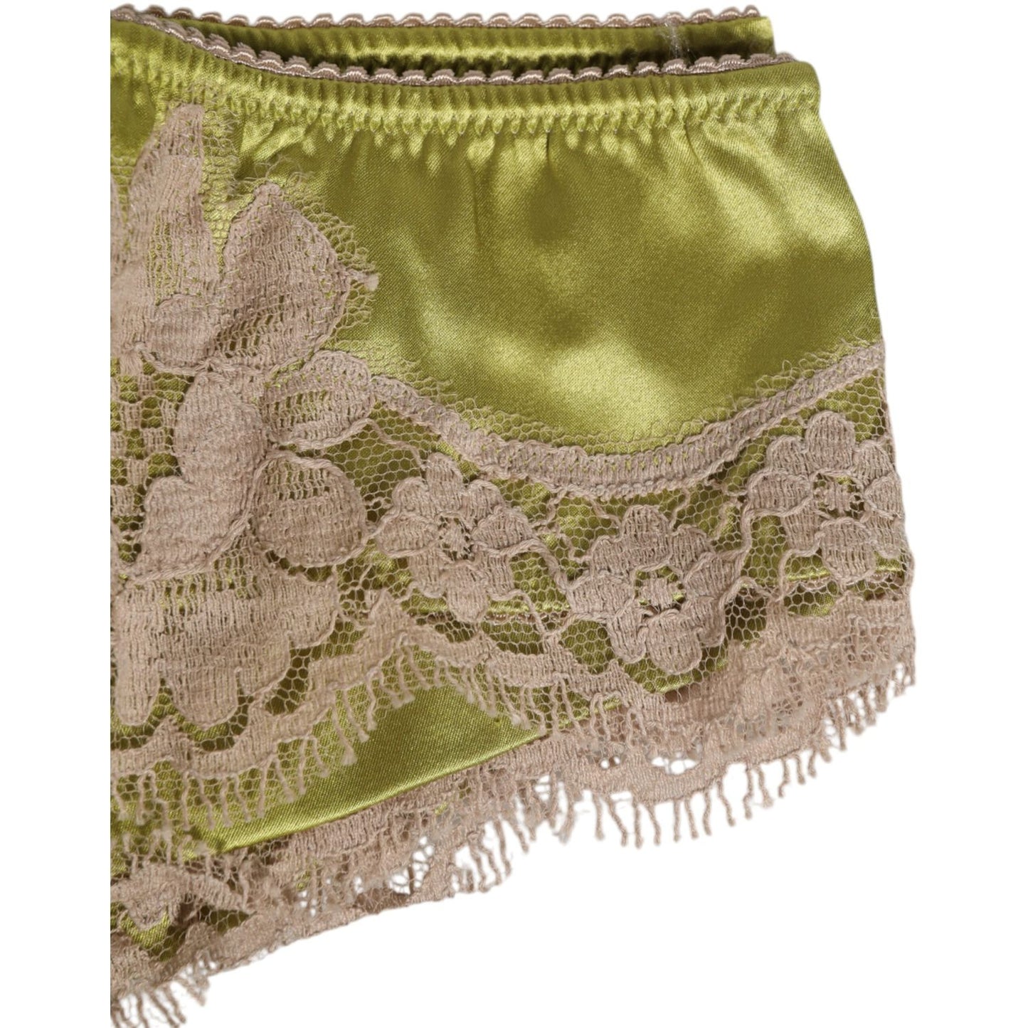 Dolce & Gabbana Green Silk Satin Lace Trim New Slip Underwear with beige floral lace overlays for elegant luxury.