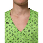 Dolce & Gabbana Green V-Neck DG Logo Heart Print T-shirt with black heart patterns and DG logos.