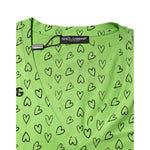 Dolce & Gabbana Green V-Neck DG Logo Heart Print T-shirt with black heart design and scattered logos, made in Italy, 100% cotton.