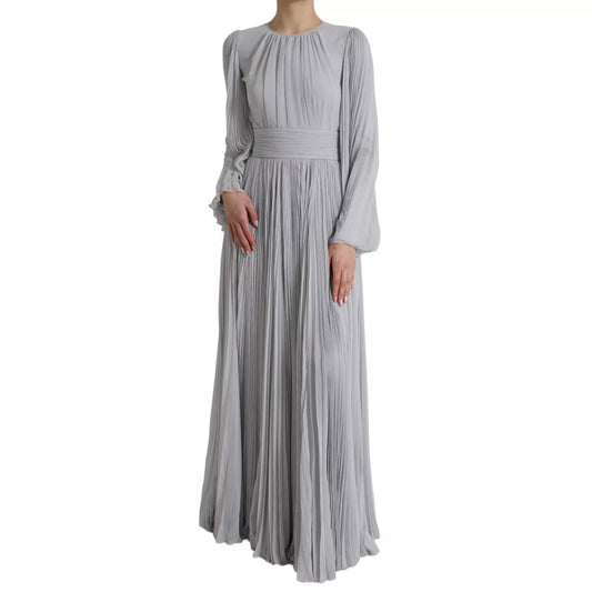 Dolce & Gabbana Light Grey Polyester Pleated Long Maxi Dress, 80% polyester, 20% silk, with zipper closure and minor sleeve defect.