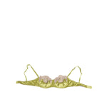 Dolce & Gabbana Lime Green Silk Satin Lace Padded Balconnet Underwear with beige lace overlay and adjustable straps, crafted in Italy.