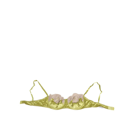Dolce & Gabbana Lime Green Silk Satin Lace Padded Balconnet Underwear with beige lace overlay and adjustable straps, crafted in Italy.