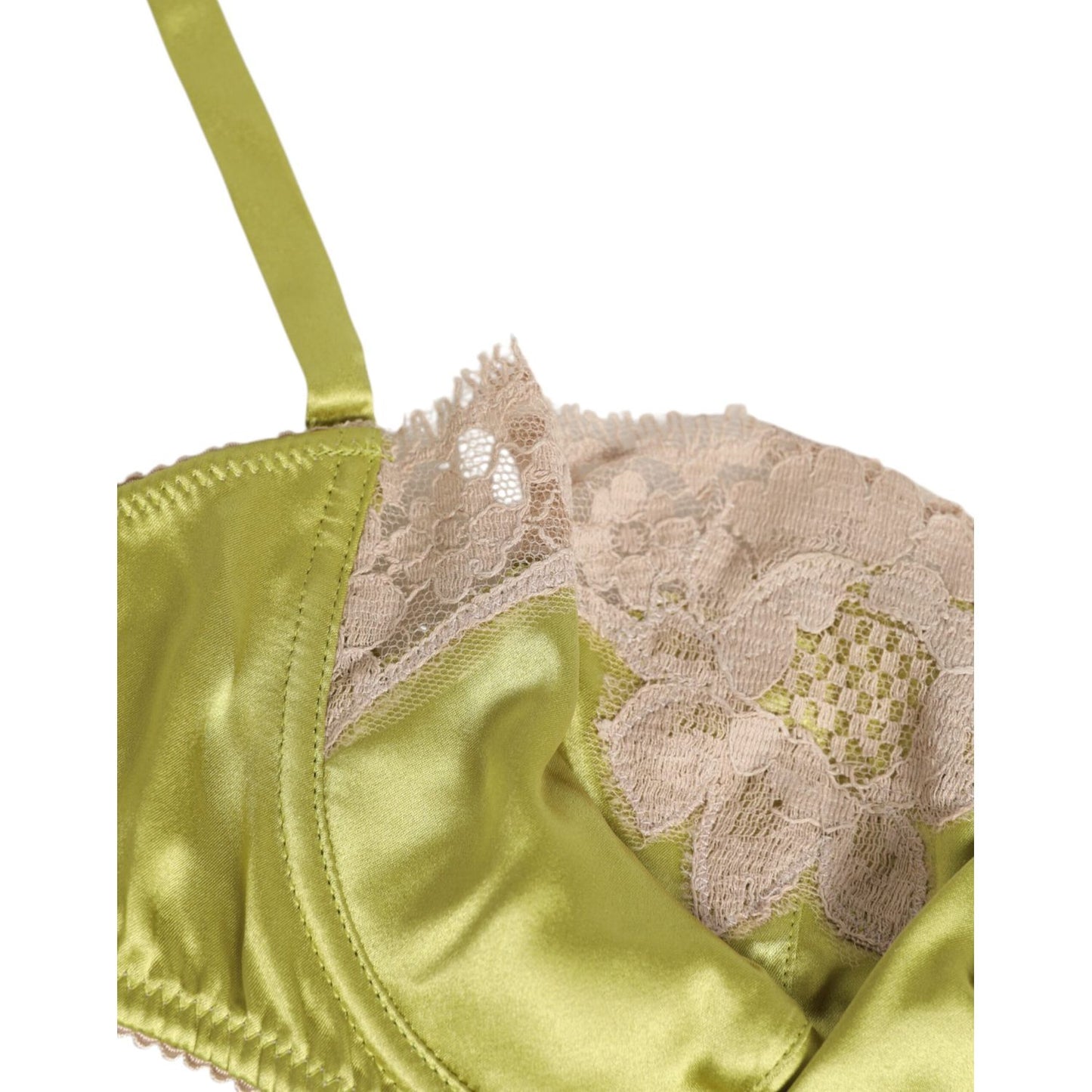 Dolce & Gabbana Lime Green Silk Satin Lace Padded Balconnet Underwear, luxury bra with beige lace overlay for flattering fit.