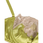 Dolce & Gabbana Lime Green Silk Satin Lace Padded Balconnet Underwear, luxury bra with beige lace overlay for flattering fit.