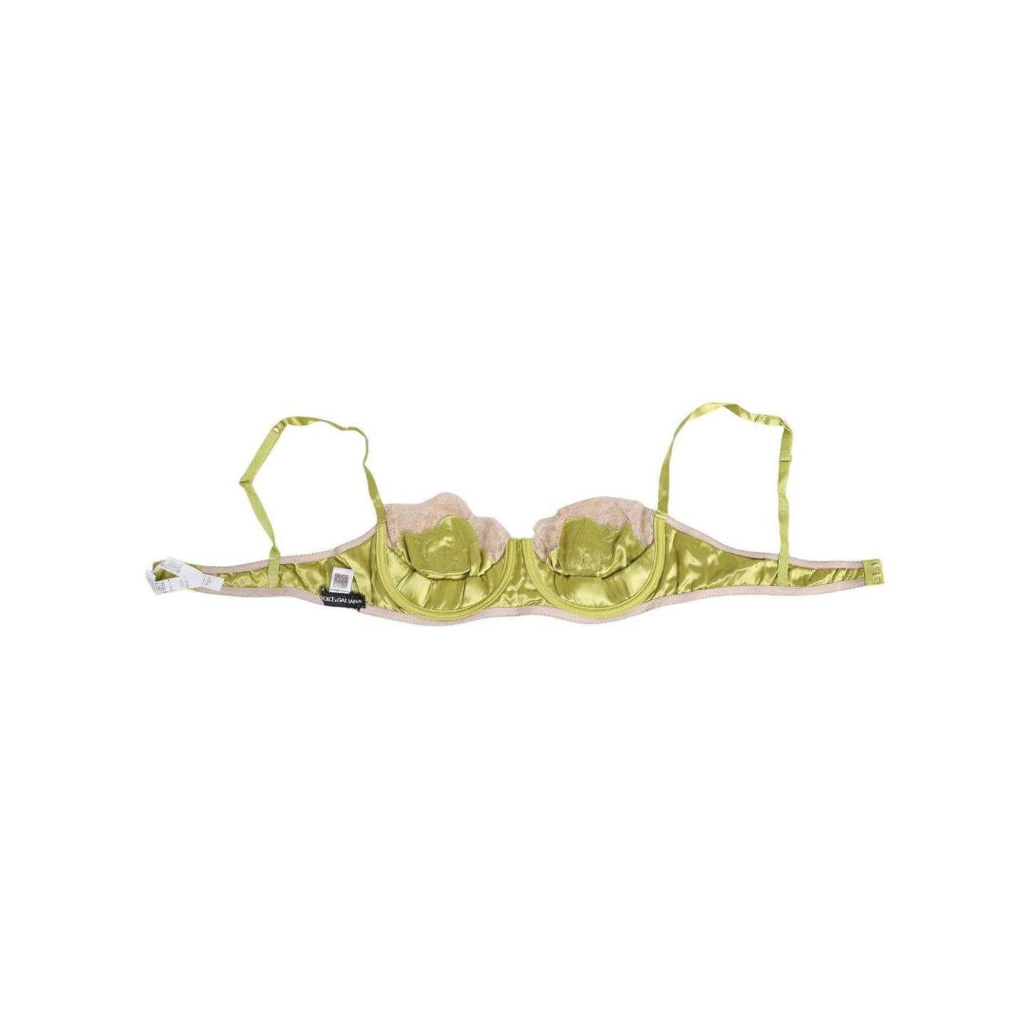 Dolce & Gabbana Lime Green Silk Satin Lace Padded Balconnet Underwear with adjustable straps and beige lace overlay.
