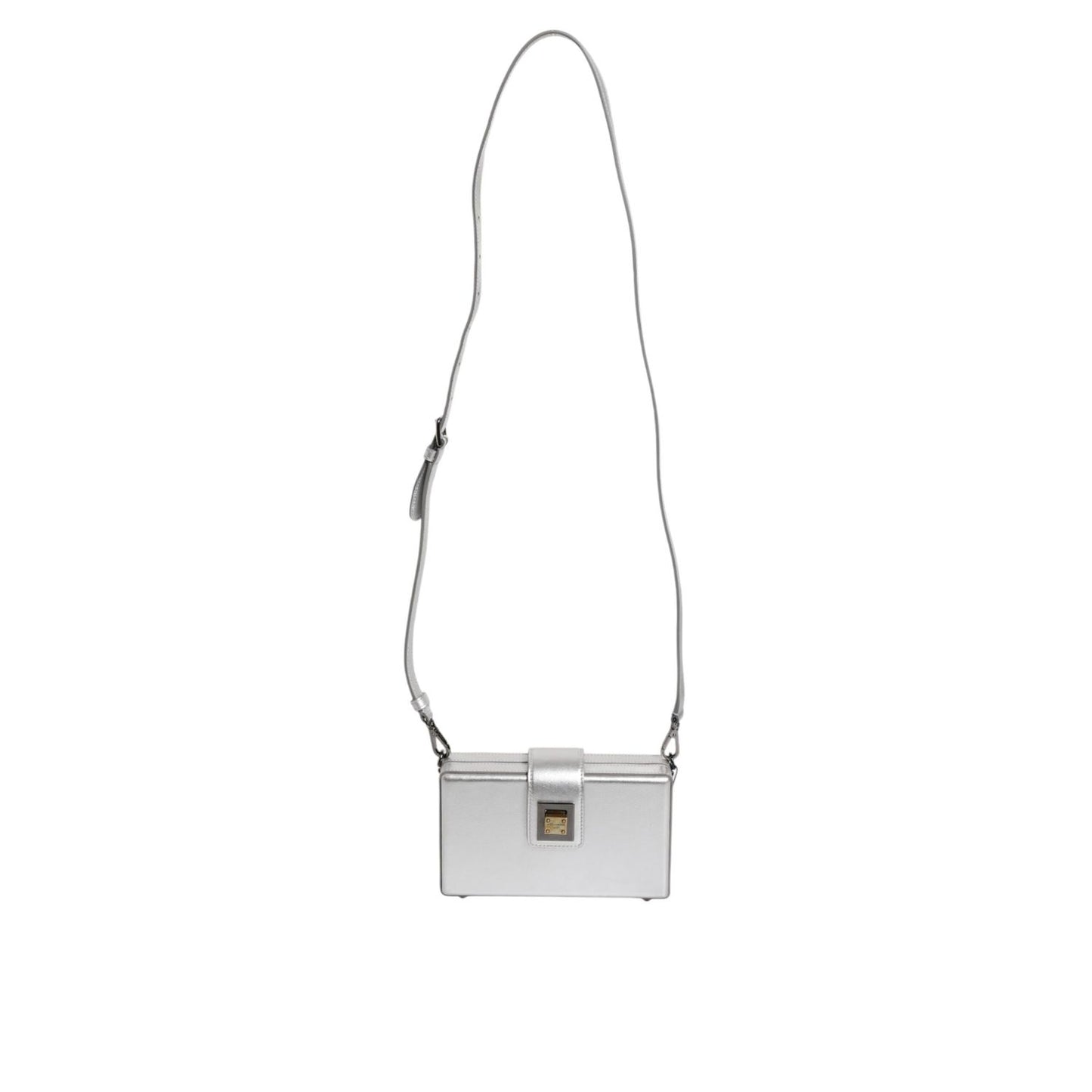 Dolce & Gabbana Metallic Silver DG BOX Leather Shoulder Strap Bag with chain and metallic detailing, crafted from lamb leather.