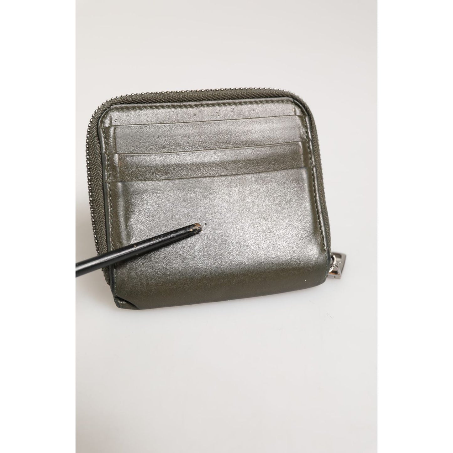 Dolce & Gabbana Military Green Leather Logo Plaque Card Holder Coin Purse Wallet