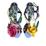 Dolce & Gabbana Multicolor Floral Appliqué Crystal Sandal Shoes with block heel and floral printed insole.