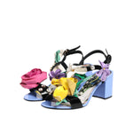 Dolce & Gabbana Multicolor Floral Appliqué Crystal Sandal Shoes with block heel and floral printed insole, perfect for luxury occasions.