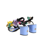 Dolce & Gabbana Multicolor Floral Appliqué Crystal Sandal Shoes with block heel and colorful leather floral accents, rear view.