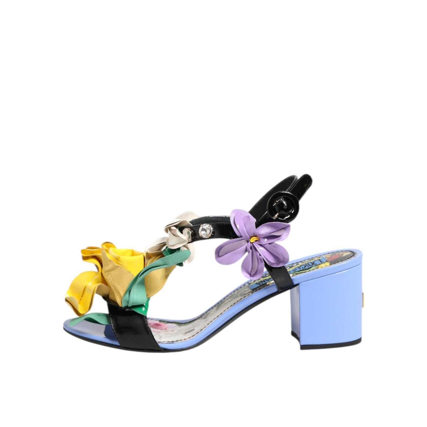 Dolce & Gabbana Multicolor Floral Appliqué Crystal Sandal Shoes with block heel and floral details.