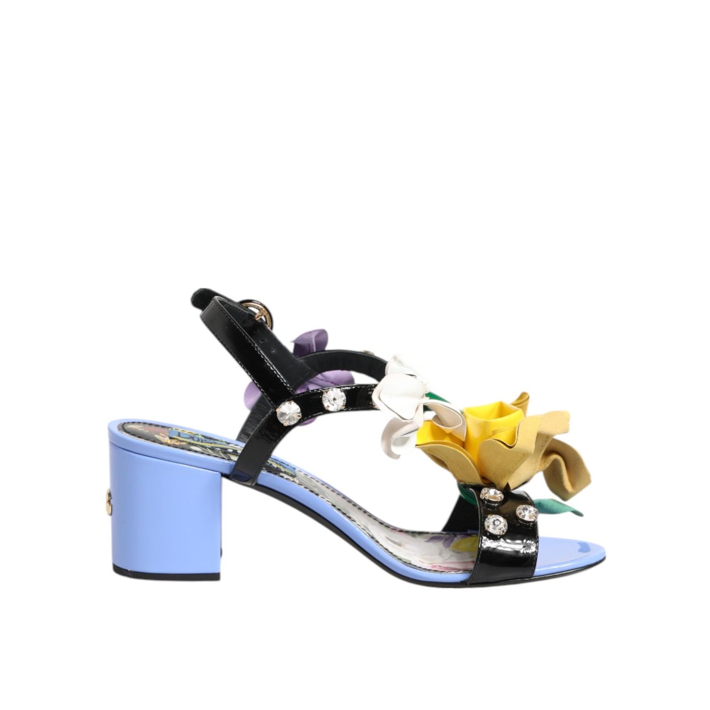 Dolce & Gabbana Multicolor Floral Appliqué Crystal Sandal Shoes with block heel and floral design.