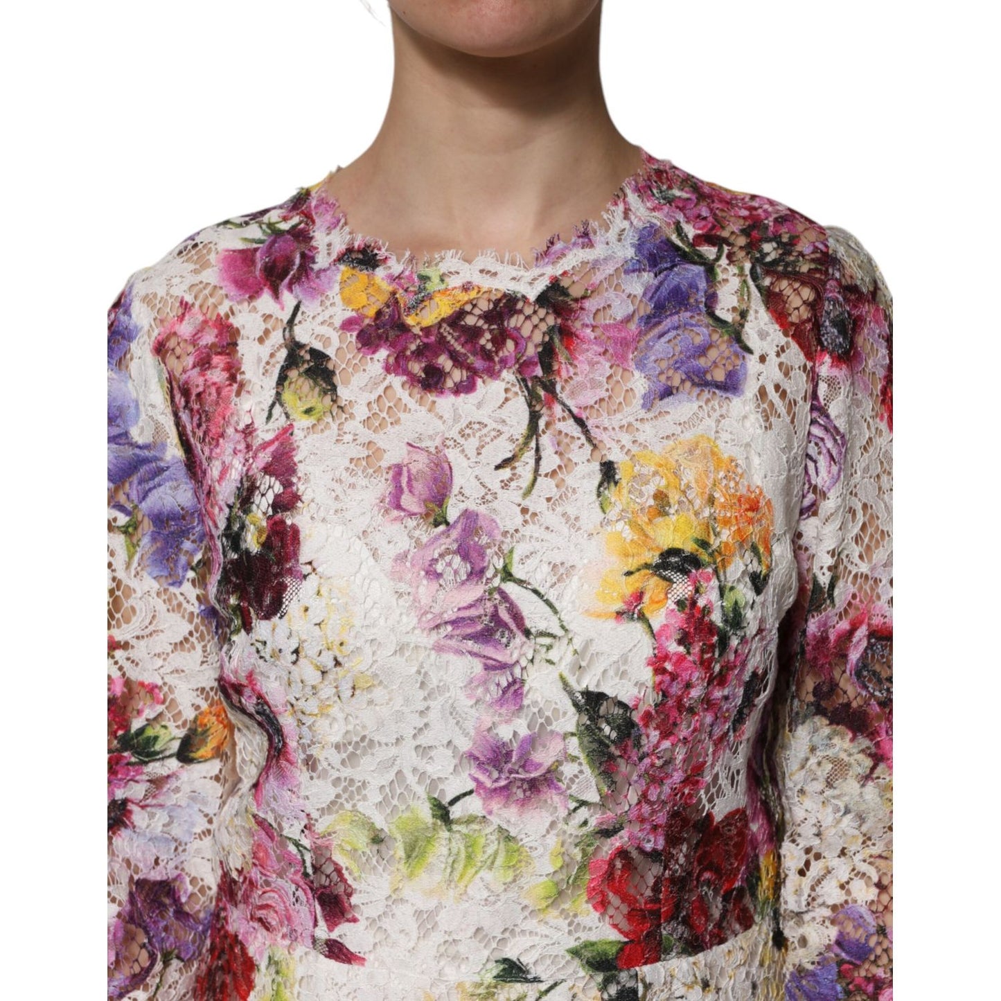 Dolce & Gabbana Multicolor Floral Long Sleeve A-line Dress close-up detail of floral pattern and lace texture.