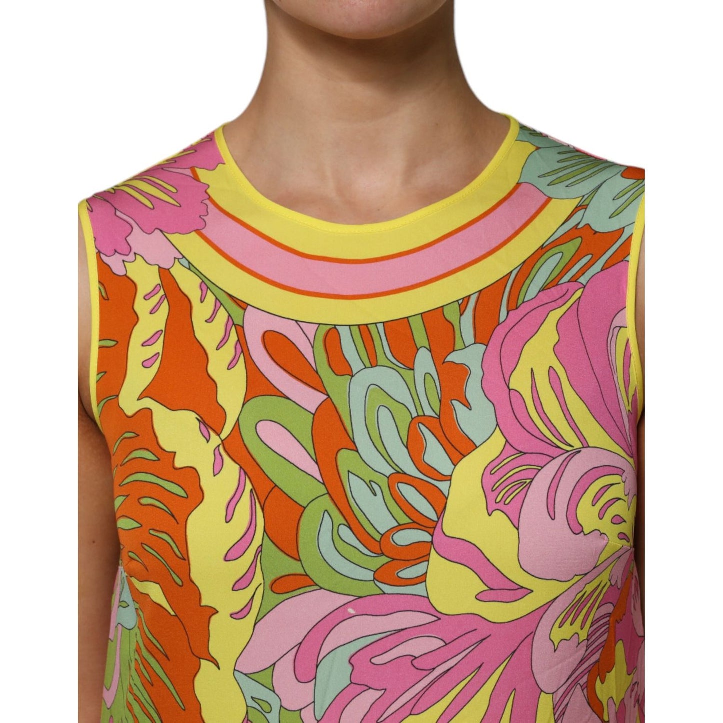 Close-up of Dolce & Gabbana Multicolor Floral Roundneck Sleeveless Top with vibrant floral pattern and round neck detail