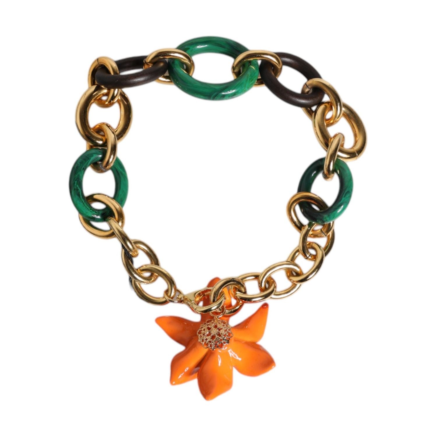 Dolce & Gabbana Multicolor Gold Brass Orange Lily Floral Chain Necklace