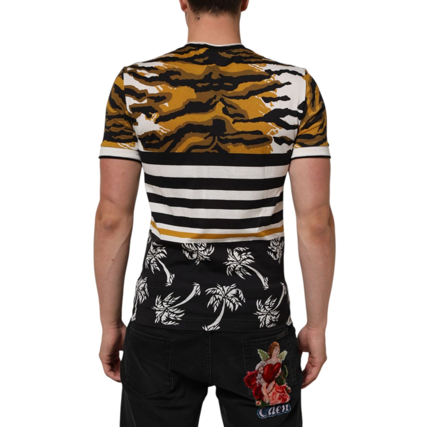 Back view of Dolce & Gabbana Multicolor Leopard Palm Leaf Men Crew Neck T-shirt with bold patterns and premium cotton material.