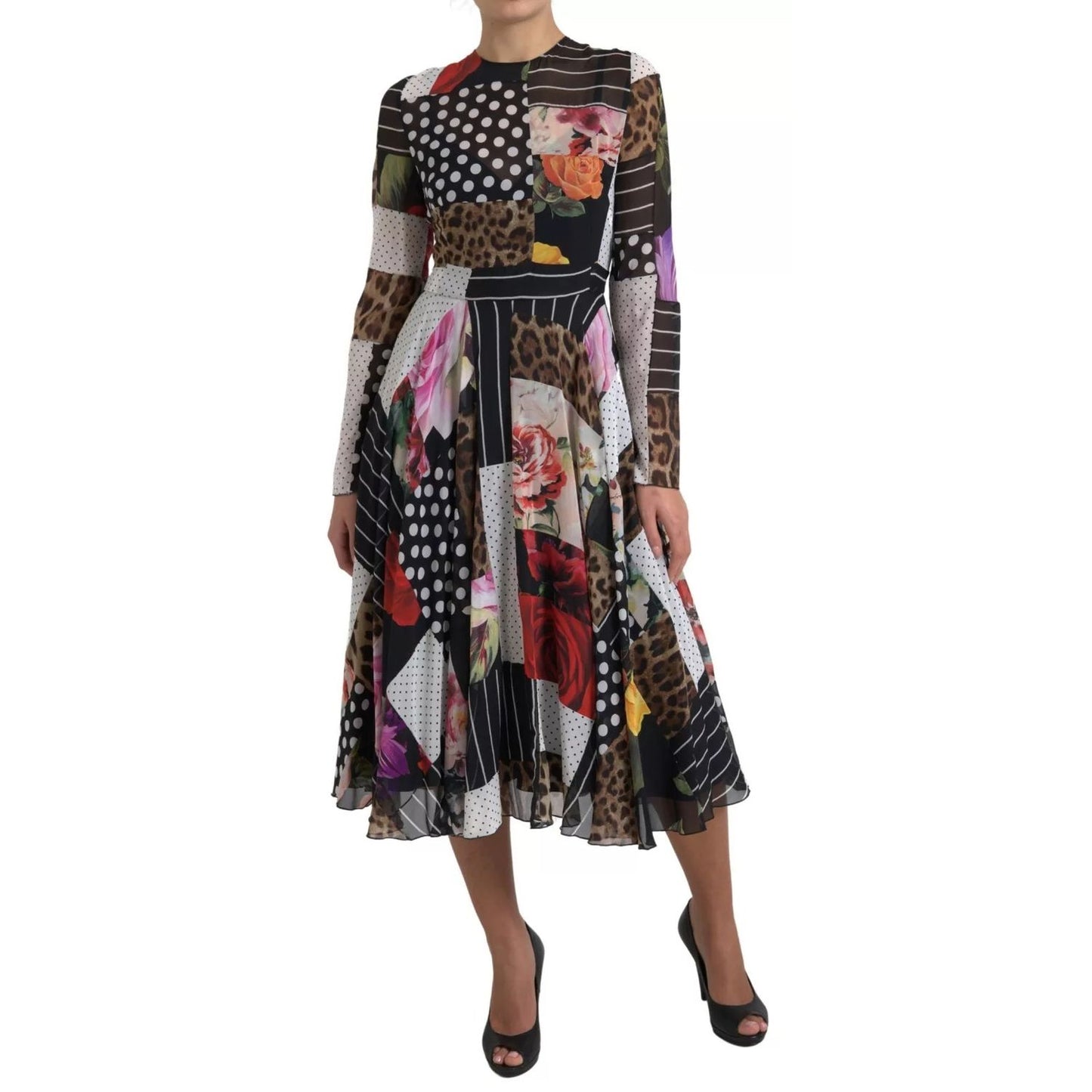 Dolce & Gabbana Multicolor Patchwork Floral Leopard Dress, A-line silk midi with zipper and logo details, made in Italy.