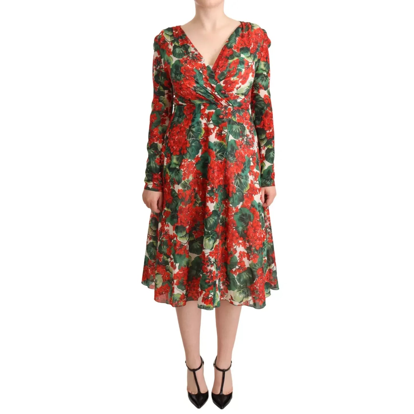 Dolce & Gabbana Multicolor Portofino-Print Shift Dress with V-neck, red and green floral pattern, made of silk, long sleeves, Italy.