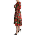 Dolce & Gabbana Multicolor Portofino-Print Shift Dress with floral pattern, long sleeves, and V-neck, made of silk, side view.