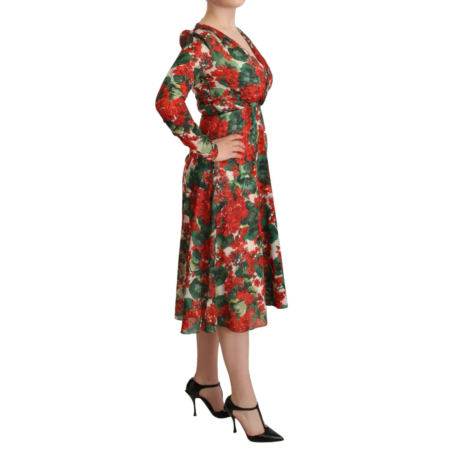 Dolce & Gabbana Multicolor Portofino-Print Shift Dress in white with red floral print, V-neck, long sleeves, silk material, side view.