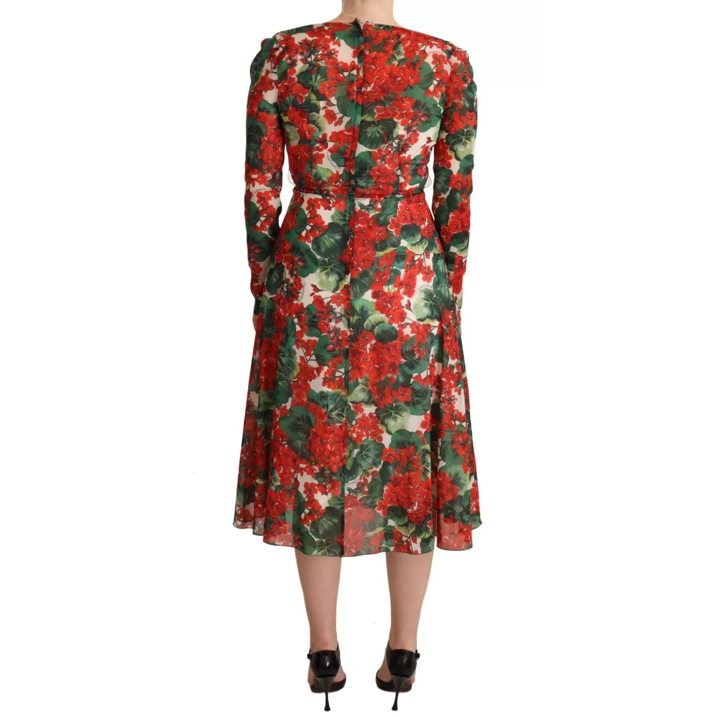 Back view of Dolce & Gabbana Multicolor Portofino-Print Shift Dress with red floral pattern and long sleeves.