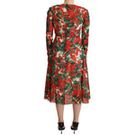 Back view of Dolce & Gabbana Multicolor Portofino-Print Shift Dress with red floral pattern and long sleeves.