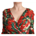 Dolce & Gabbana Multicolor Portofino-Print Shift Dress with vibrant red floral design and green leaves, V-neck detail.